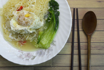 High angle view of breakfast served on table