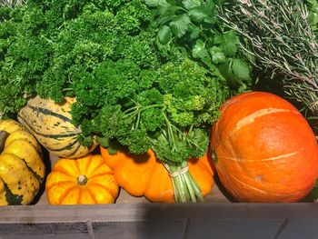 High angle view of pumpkins for sale