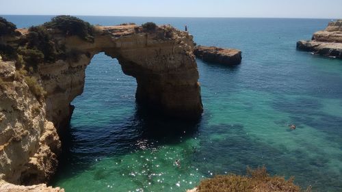 High angle view of rock formations in sea