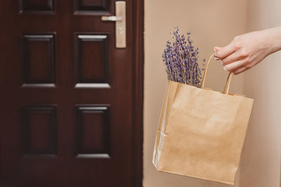 Cropped image of woman holding umbrella on wooden door