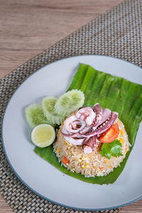 High angle view of dessert in plate on table