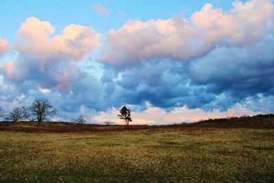 Scenic view of grassy field against cloudy sky