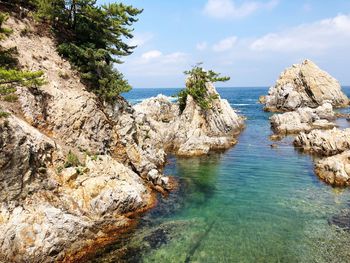 Panoramic view of rocks on sea shore against sky