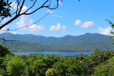 Scenic view of lake and mountains against sky