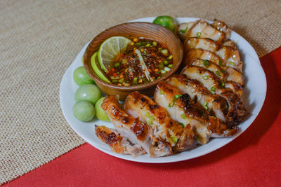 High angle view of meal served on table