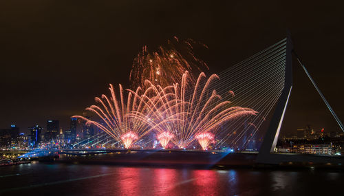 Firework exploding over erasmus bridge at night