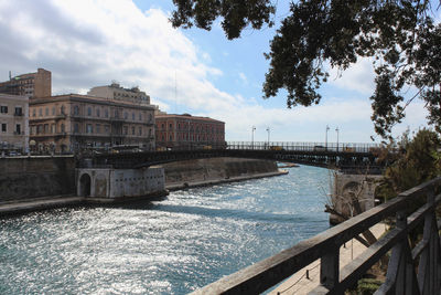 Bridge over river in city against sky