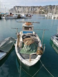 Sailboats moored in harbor