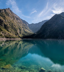 Scenic view of lake and mountains against sky