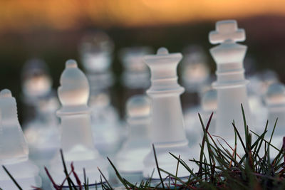 Chess pieces on grassy field