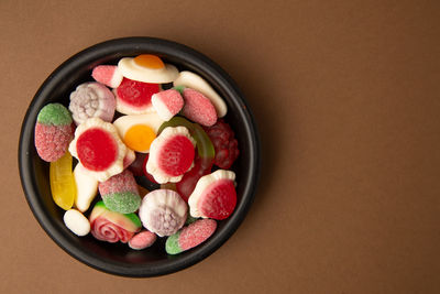 High angle view of fruits in bowl on table