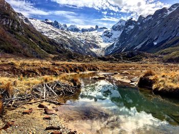 Scenic view of lake and snowcapped mountains against sky