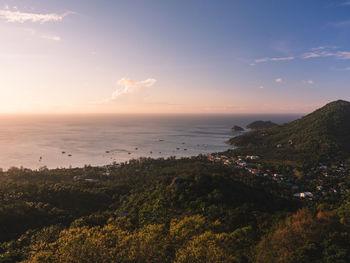 Scenic high angle view of sunset orange. shot from west coast viewpoint. koh tao island, thailand.