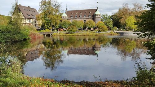 Reflection of trees and buildings in lake