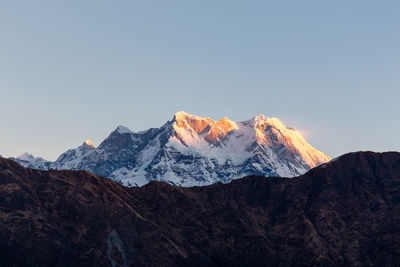 Scenic view of snowcapped mountains against clear sky