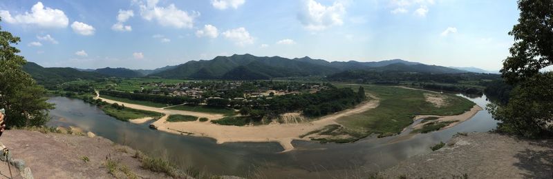 Panoramic view of river and mountains against sky