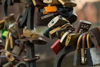 Close-up of padlocks hanging on fence