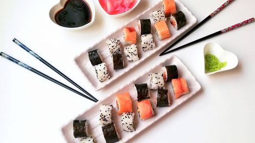 High angle view of sushi in plate on table