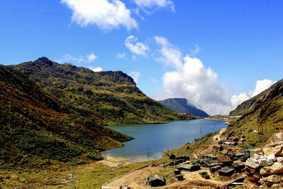 Panoramic view of lake and mountains against sky