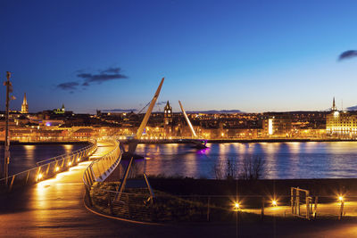 Illuminated bridge over river in city at night