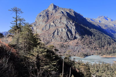 Bird's eye viee of a frozen lake surrounded by coniferous forest and mountains