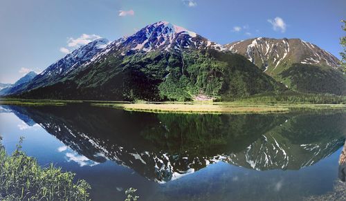 Scenic view of lake by mountains against sky