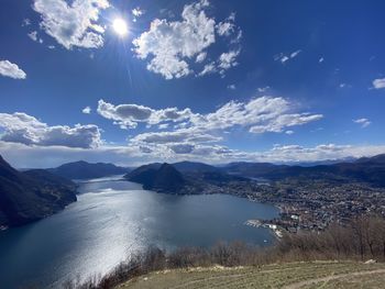 Scenic view of sea and mountains against sky