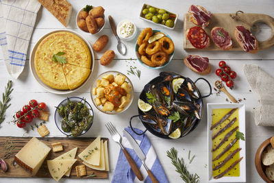 High angle view of meal served on table