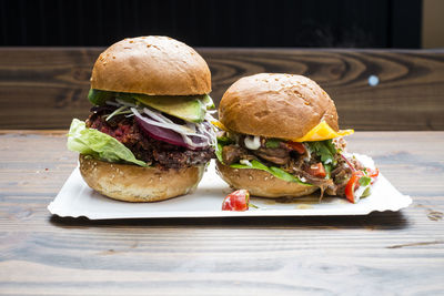 Close-up of burger on table