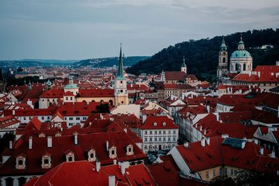 High angle shot of townscape against sky
