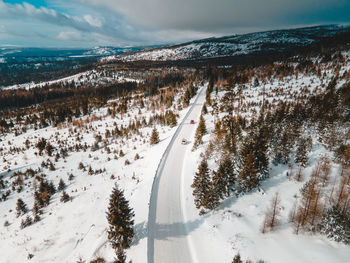 Aerial view of snow covered landscape against sky