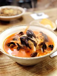 High angle view of soup in bowl