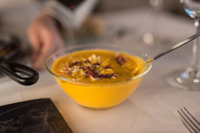 Close-up of soup in bowl on table