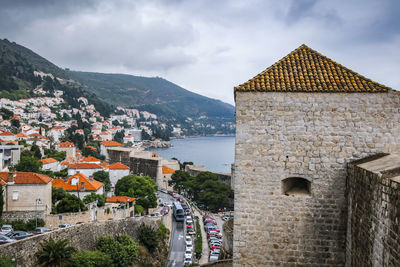 Buildings in town against sky