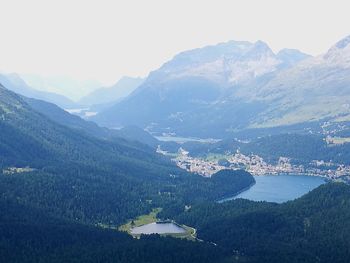 Scenic view of lake and mountains against clear sky