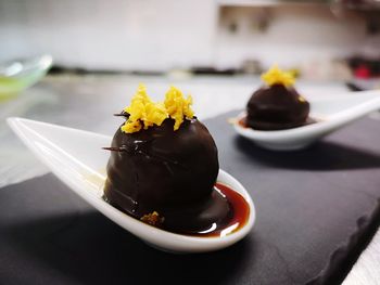 Close-up of dessert in plate on table