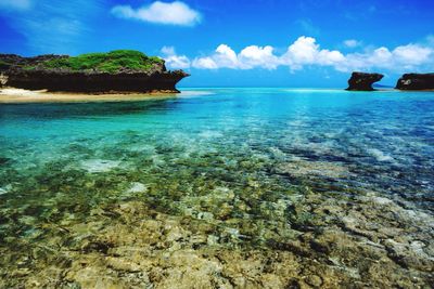 Scenic view of sea against blue sky