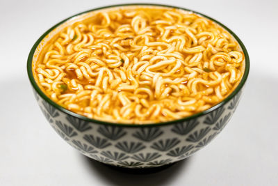 High angle view of noodles in bowl on table