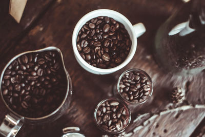 High angle view of coffee beans on table