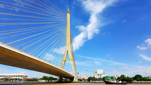 Low angle view of bridge against blue sky