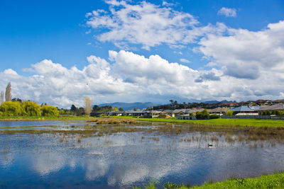 Scenic view of river against cloudy sky