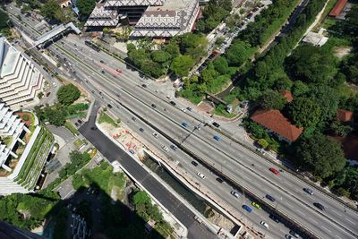 High angle view of street amidst buildings in city