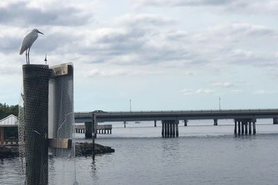 View of bridge over sea against cloudy sky