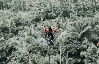 Man standing by plants in forest