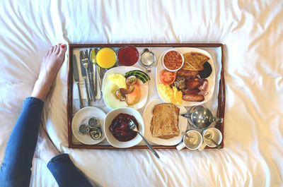 High angle view of dessert on bed