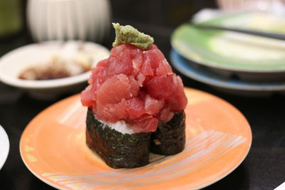 Close-up of sushi in plate on table