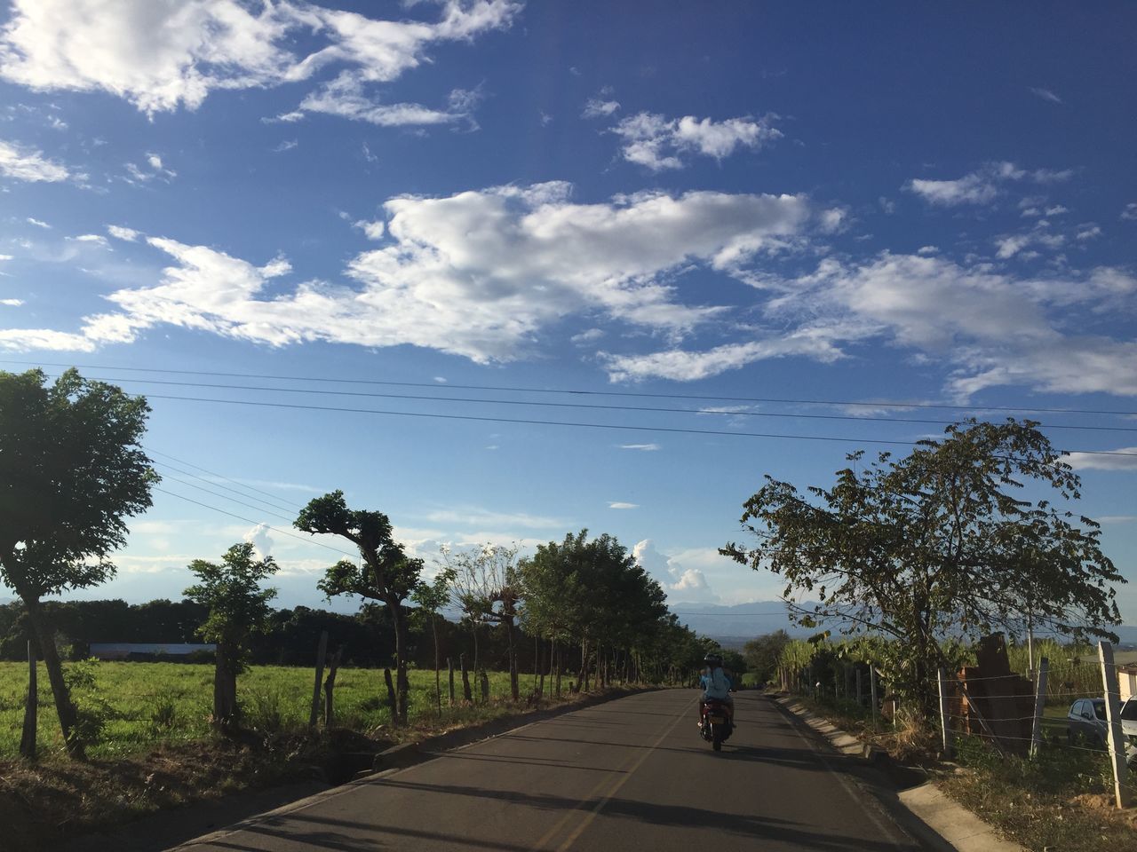 sky, tree, transportation, cloud - sky, men, cloud, lifestyles, the way forward, tranquility, tranquil scene, nature, leisure activity, beauty in nature, full length, scenics, rear view, railing, road