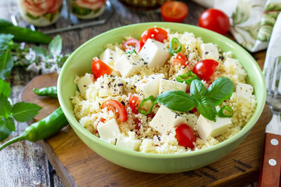 Close-up of salad served on table