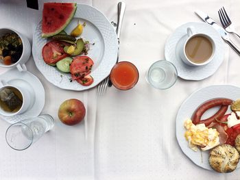 High angle view of breakfast on table