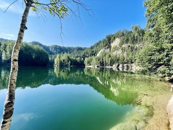 Scenic view of lake against clear blue sky